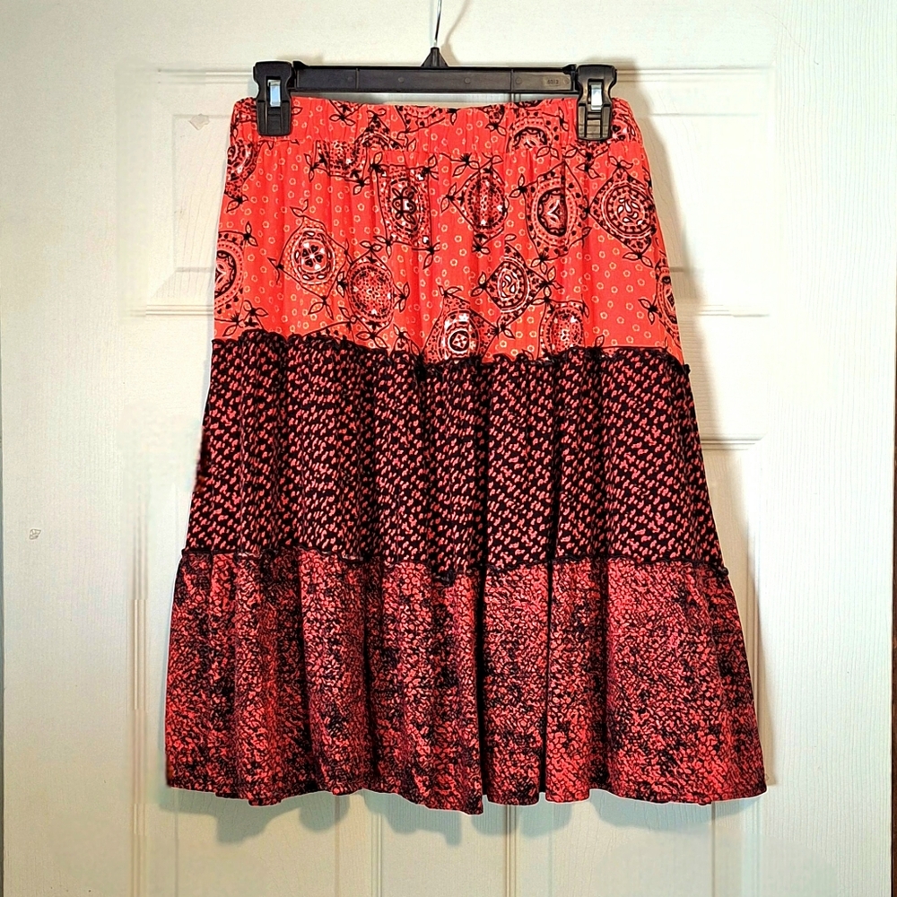 'Lane Bryant' swing mini skirt, patchwork & ruffles orange-red & black, Sz. 18/2